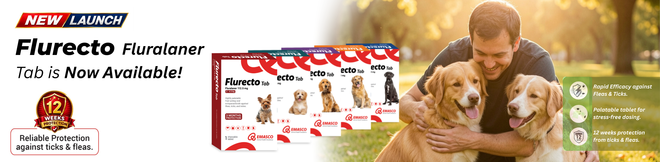 Flurecto Fluralaner dog flea treatment box shown next to a man hugging two golden retriever dogs in a sunny outdoor setting. The left side features a red and white 'NEW LAUNCH' banner with text 'Flurecto Fluralaner Tab is Now Available!'.