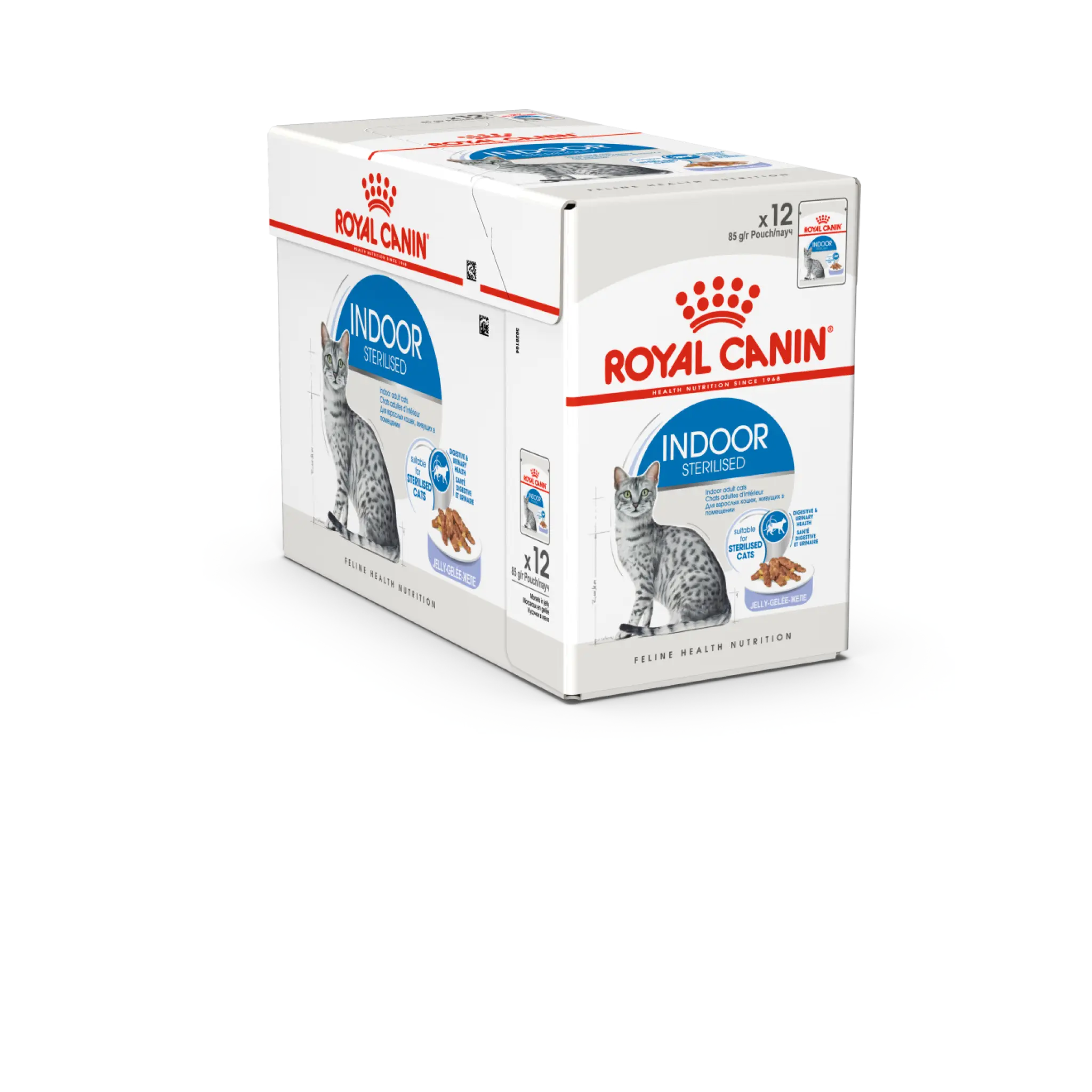 A 12-pack carton of Royal Canin Indoor Sterilised cat food pouches, shown at a three-quarter angle  in intervet UAE