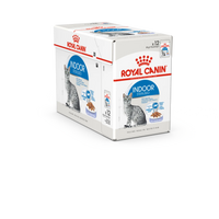 A 12-pack carton of Royal Canin Indoor Sterilised cat food pouches, shown at a three-quarter angle  in intervet UAE