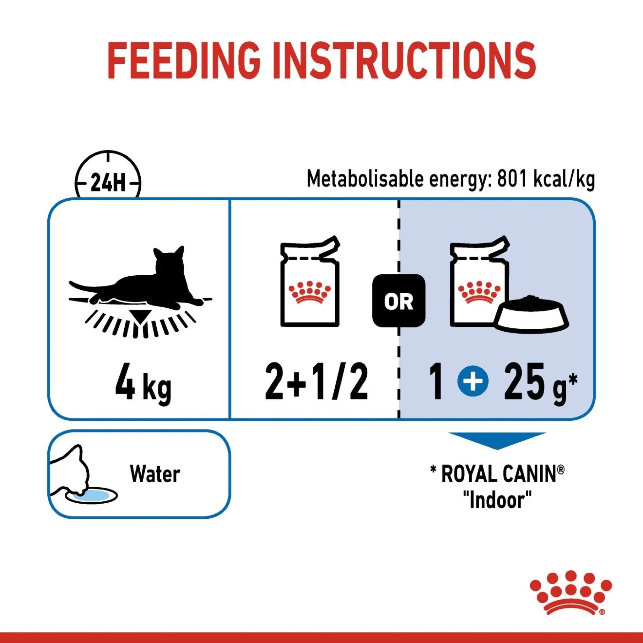 Feeding instructions graphic for Royal Canin indoor cat food, showing a 4 kg cat silhouette, water bowl icon, and options for Royal Canin Indoor dry and wet food quantities in intervet UAE