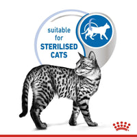 Cat standing next to a label indicating suitability for sterilized cats, with a brand logo at the bottom.