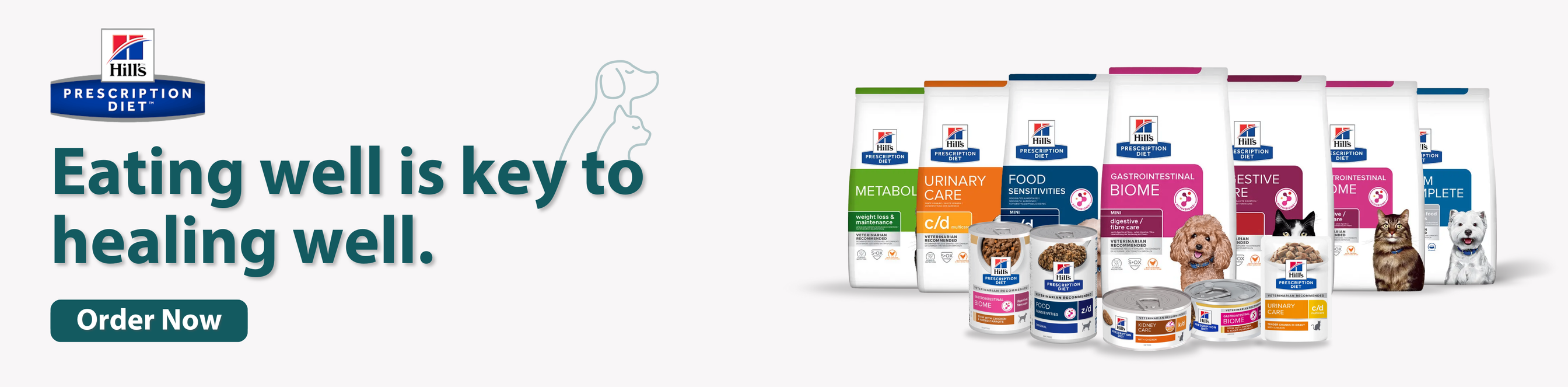 Hill's Pet Nutrition pet food packages with text 'Eating well is key to healing well.' and 'Order Now' button.