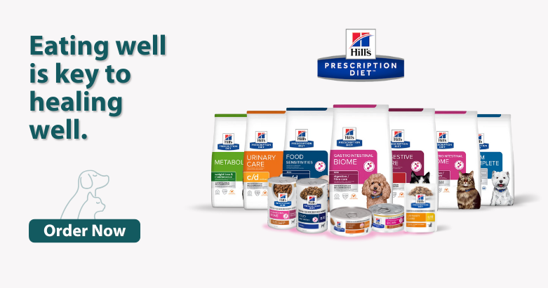 Hills Prescription Diet pet food products on a white background with promotional text.