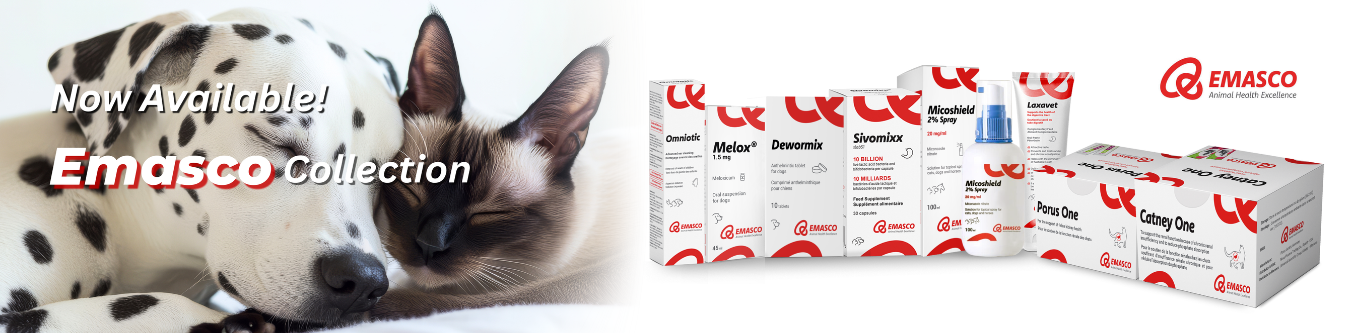 Emasco Collection pet care products shown with several boxed and bottle packages on the right, alongside a black-and-white cat on the left and promotional text reading 'Now Available! Emasco Collection'  in intervet UAE