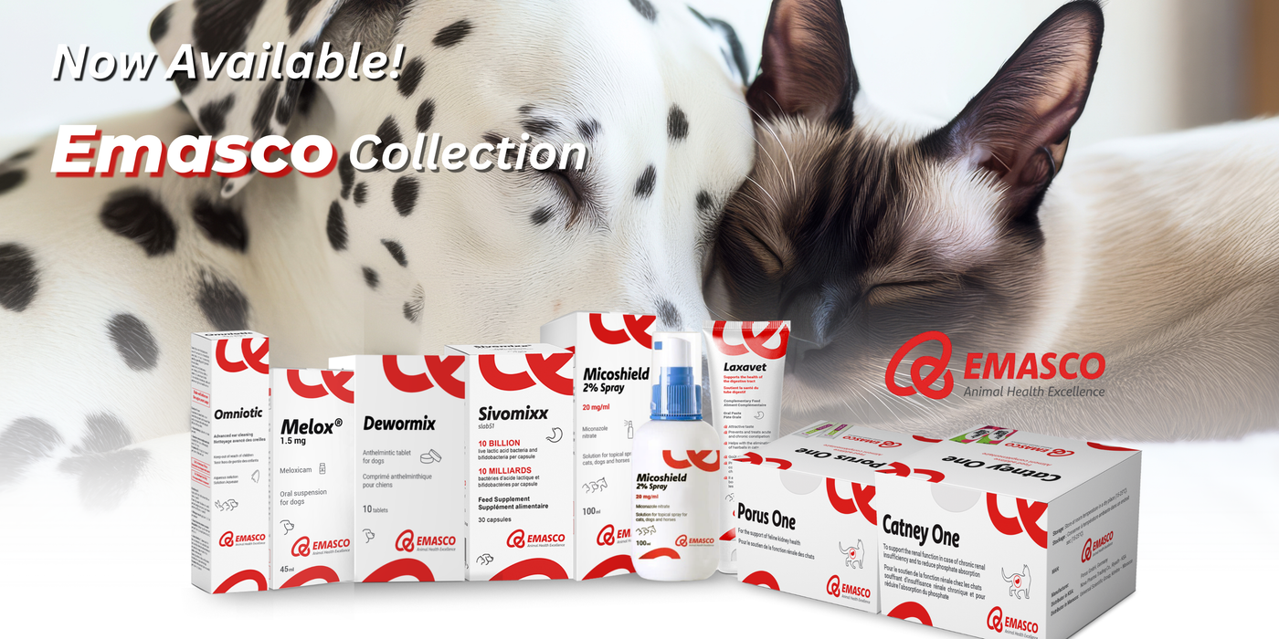 A promotional collage for the Emasco Collection showing several veterinary medicine product boxes in the foreground, with a sleeping cat and a Dalmatian in the background. Large text reads 'Now Available! Emasco Collection' and the Emasco logo appears on the boxes and as a watermark.