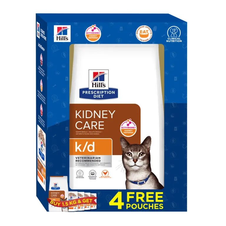BUY 1 Hill’s Prescription Diet k/d Feline with Chicken (1.5kg) + FREE 4 PCS OF K/D POUCHES
